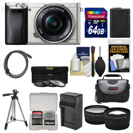 Sony Alpha A6000 Wi-Fi Digital Camera & 16-50mm Lens (Silver) with 64GB Card + Case + Battery/Charger + Tripod + Tele/Wide Lens Kit