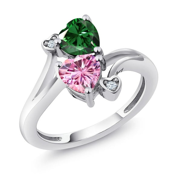 Gem Stone King 925 Sterling Silver Green Nano Emerald Pink Moissanite Ring for Women (1.53 Cttw, Heart Shape 6MM, Gemstone May Birthstone, Size 7)