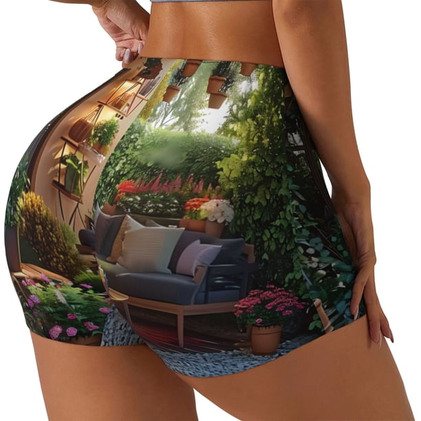 Balery Charming Garden Patio Pantalones cortos de entrenamiento estampados para mujer, sin costuras, ajustados, para gimnasio, yoga, correr, deportes, ejercicio activo, fitness.-Large