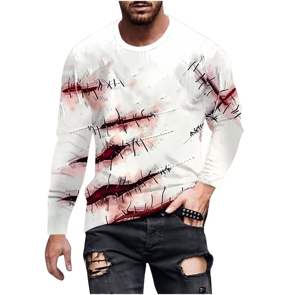 Raeneomay Long Sleeve Shirts for Men Halloween Men's Printed Long Sleeved Top Long Sleeved Round Neck Top