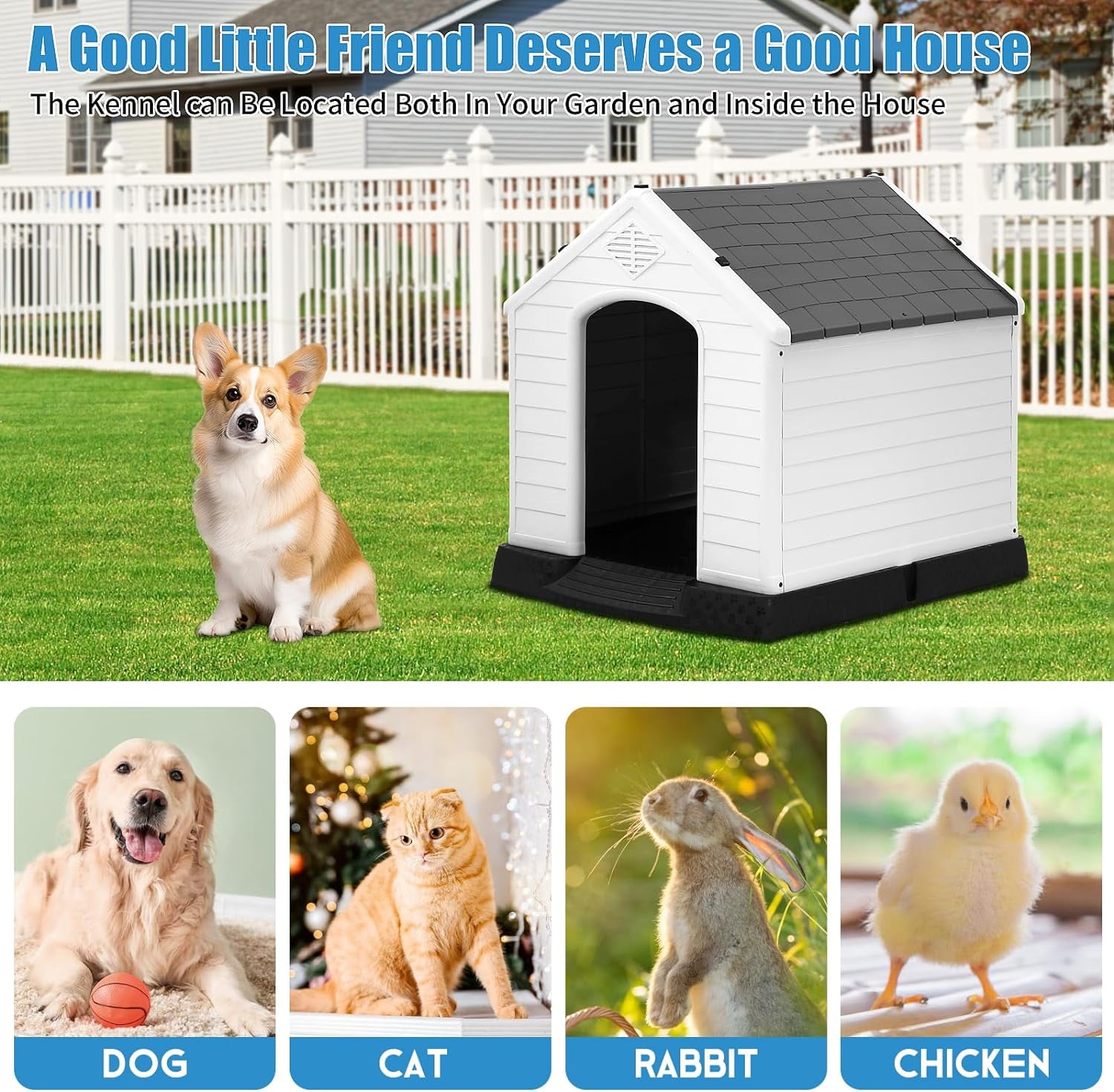 Dkelincs 28 inch Durable Plastic Dog House Indoor Outdoor Weatherproof Pet House with Air Vents and Elevated Floor, Gray