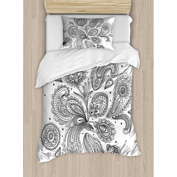 Henna Duvet Cover Set Twin Size, Eastern Inspired Various Ornamental Patterns Circles Lines Monochrome Image Print, Decorative 2 Piece Bedding Set with 1 Pillow Sham, Black White, by Ambesonne