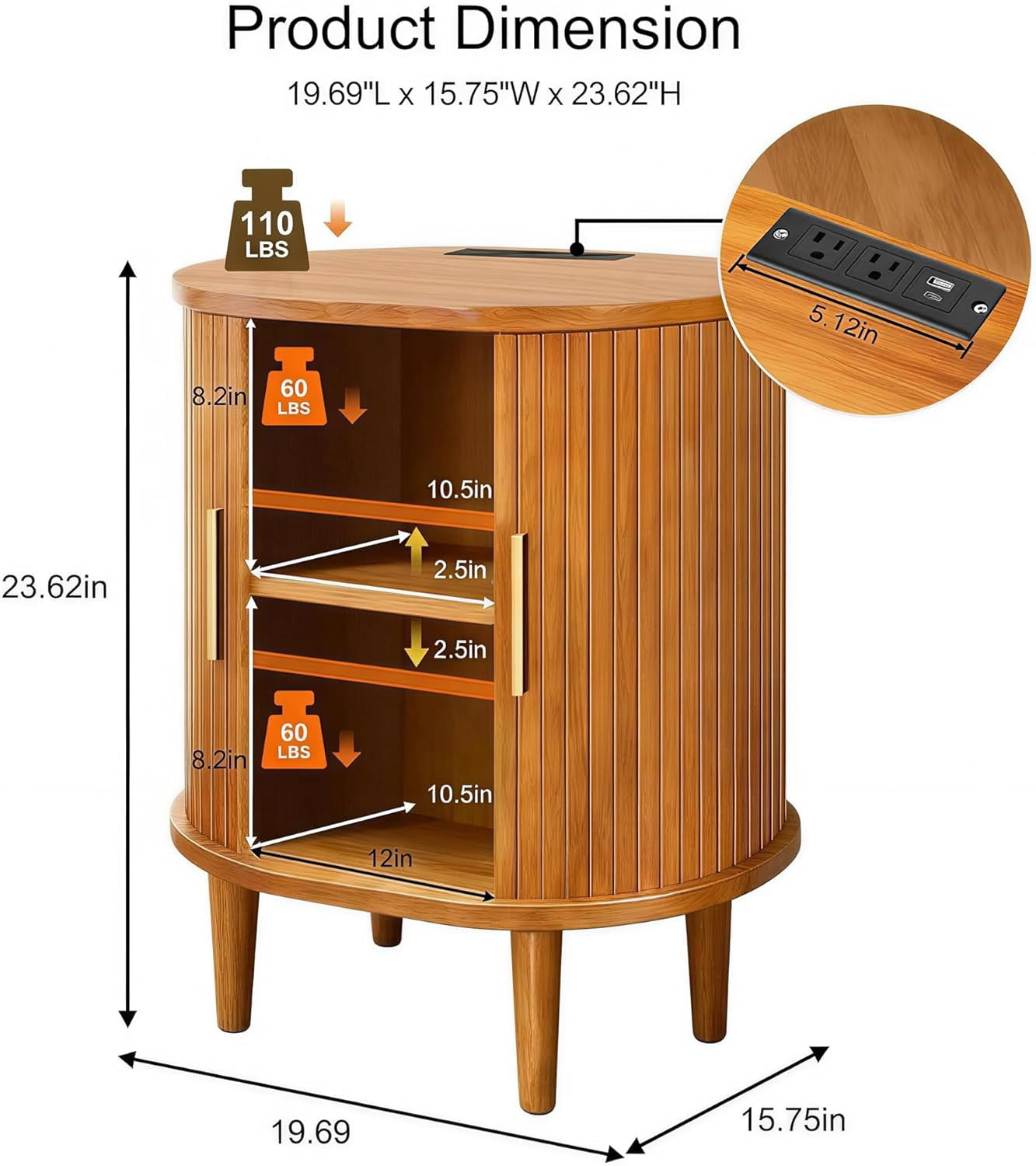 avobird Fluted Nightstand Set with Charging Station, Modern Side Table, Round Wood End Table with Drawer, Sliding Door & Adjustable Shelf for Living Room, Bedroom, Walnut