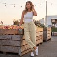 thumbnail image 4 of Womens Wide Leg Linen Pants Elastic Waist Lightweight Casual Flowy Palazzo Lounge Trousers with Pockets, XL, 4 of 7