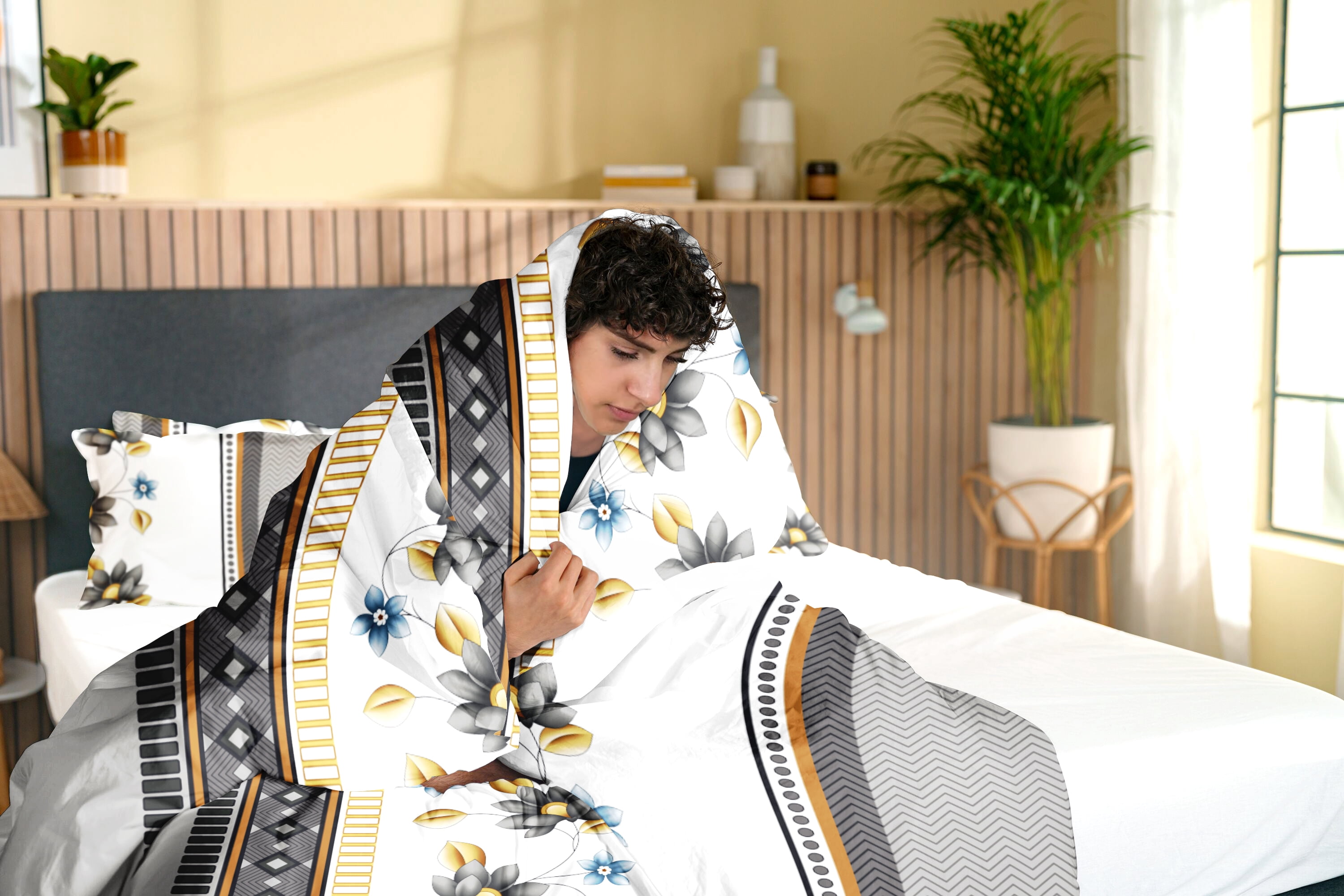 Grey & Gold Floral Geometric 4-Piece Queen Duvet Cover Set – 100% Bamboo Polyester, All-Season Bedding