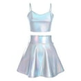 thumbnail image 3 of Women's 3Piece Metallic Outfit Shiny Crop Top + Silver Flared Skirt + Alien Headband Halloween Costume Clubwear Musical Festival Rave Outfit S Holographic Silver- Cami, 3 of 8