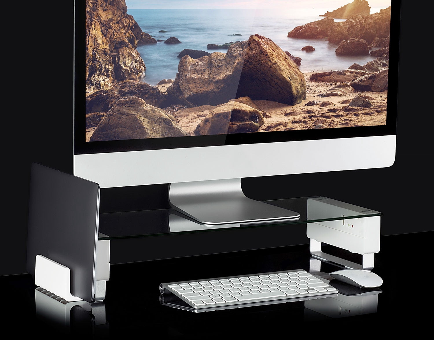 Mount-It! Computer Monitor Stand with USB Desktop Riser | Clear Tempered Glass & Aluminum Legs