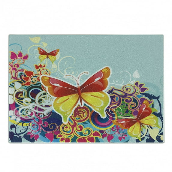 Colorful Cutting Board, Butterflies and Floral Ornamanets Fantasy Design Colorful Vibrant Wings Art, Decorative Tempered Glass Cutting and Serving Board, Small Size, Multicolor, by Ambesonne