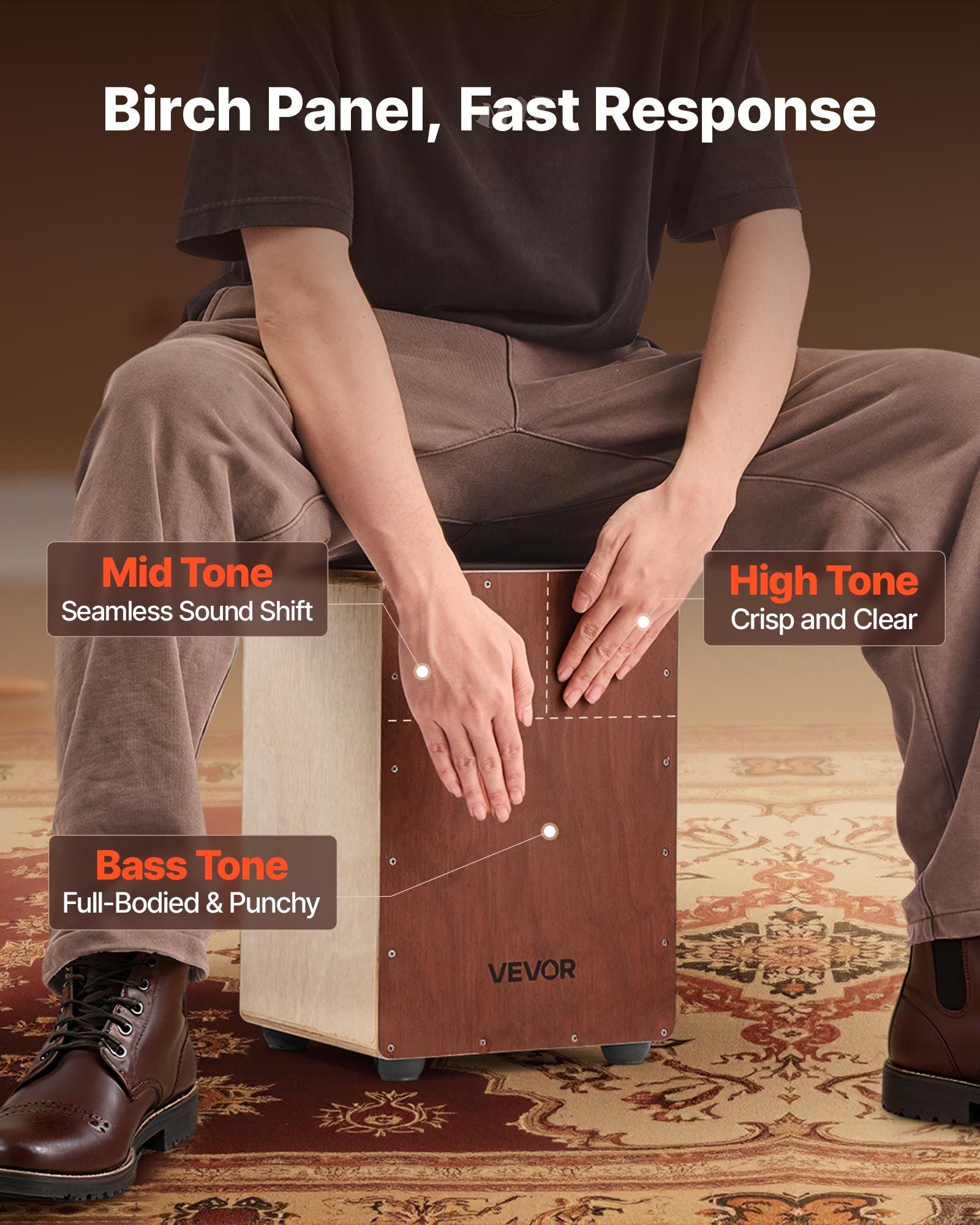 Cajon Box Drum Wooden Birchwood Percussion Instrument with Snare Wires, Adjustable Internal Strings, Compact Hand Drum with Silicone Feet for Stable Play, Warm Bass and Crisp High Tones
