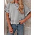 thumbnail image 2 of PUWEI Women's Crochet Short Sleeves Sweater Round Neck Ruffled Hem Pullover Casual Knit Top Blouse, 2 of 7
