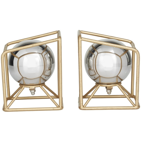 DecMode Contemporary Gold Stainless Steel Open Cube with Silver Balls Globe Bookends, Set of 2 5"W x 6"H