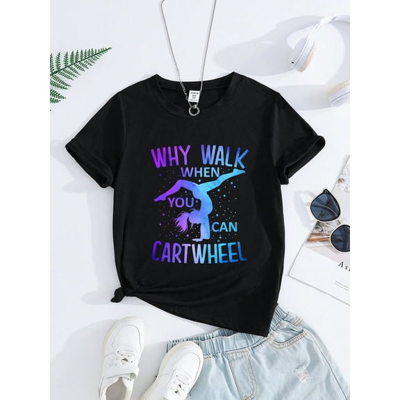 children’s wear Cute Girls Gymnastics T-Shirt Why Walk When You Can Cartwheel Funny Kids Graphic Tee Retro Galaxy Print Athletic Top