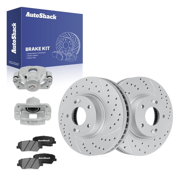 AutoShack Front Vented Drilled & Slotted Coated Brake Rotors Silver Matte Finish   Ceramic Pads   Calipers 8-PC Brake Kit Replacement for 2011-2013 Kia Sorento TurboGuard 11.81" (300 mm)