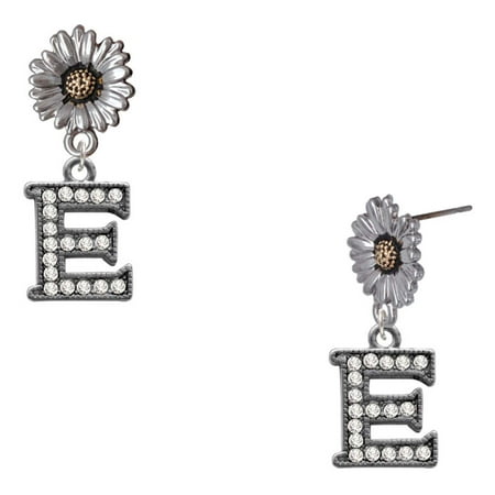 Delight Jewelry Black Nickeltone Crystal Initial – E – Beaded Border – Two-tone Daisy Flower Post Earrings