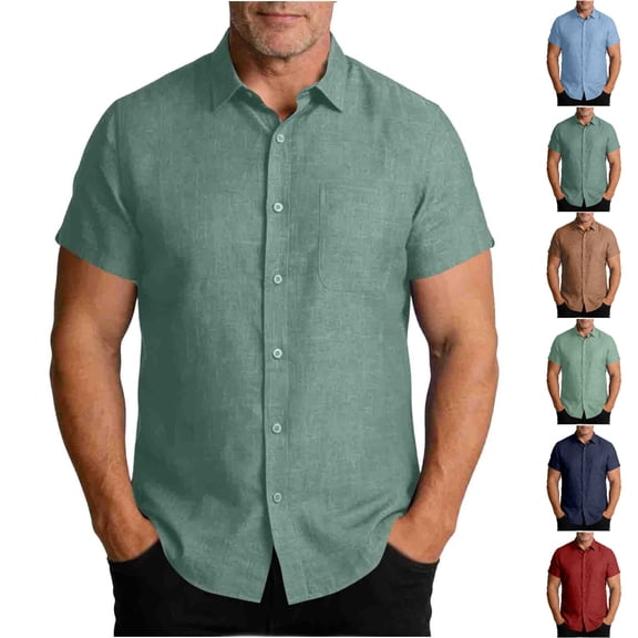 SGFCWSX Men's Casual Short Sleeve Button Up Shirt Summer Linen Blend Shirt for Vacation Daily Work Wear Green Size 2XL