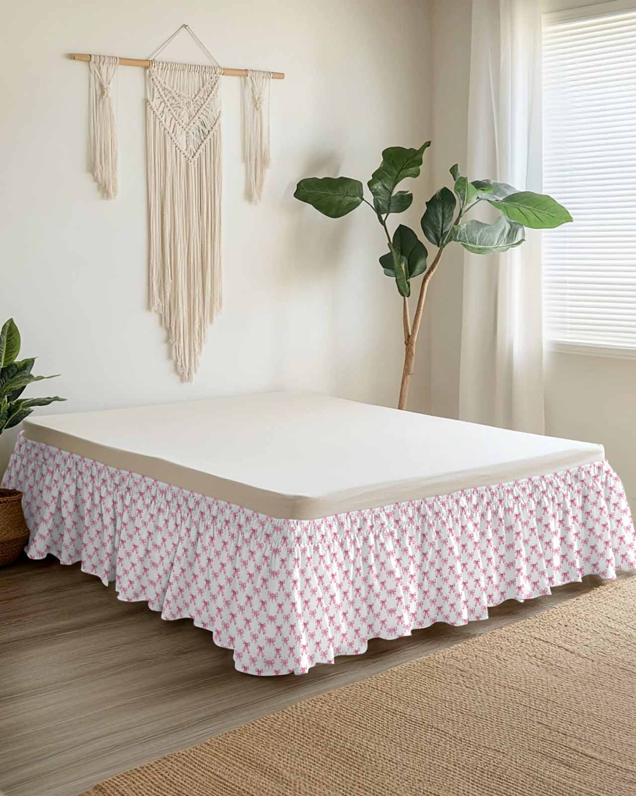 Cute Pink Bow Wrap Around Bed Skirts for Queen Bed 18" Drop, Bed Skirt with Adjustable Elastic Belt Dust Ruffle Bed Valance for Bedroom Hotel Luxury White Sweet Modern Watercolor Bed Frame Cover