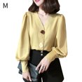 thumbnail image 1 of Camisa de mujer Cuello en V Verano Color sólido Linterna Botón de manga larga Top, Amarillo, M seitruly AP001446-02, 1 of 7