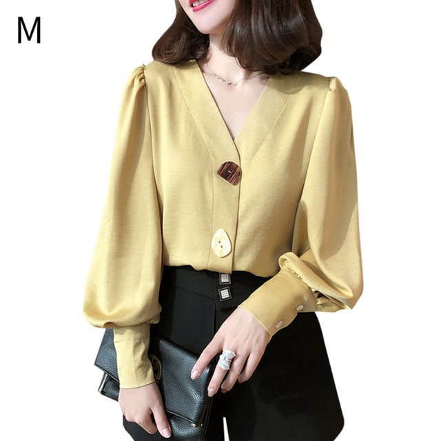 Camisa de mujer Cuello en V Verano Color sólido Linterna Botón de manga larga Top, Amarillo, M seitruly AP001446-02