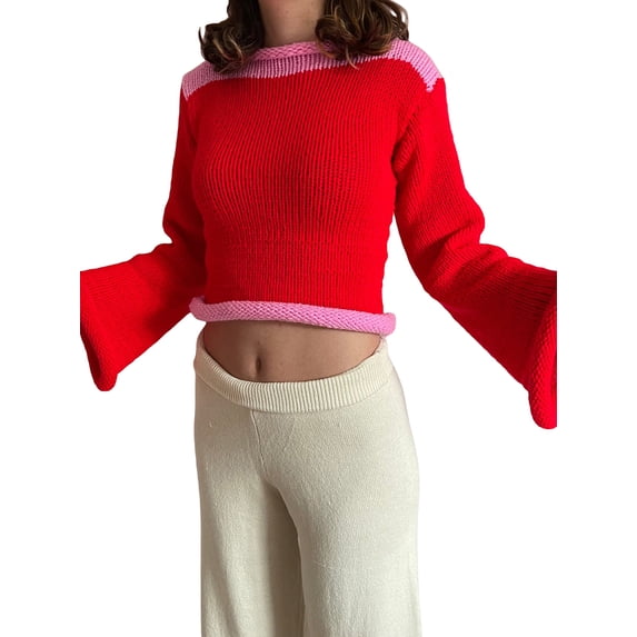 Liacowi Women Juniors Long Sleeve Knitted Pullover Lightweight Sweater Loose Patchwork Ribbed Knitwear Jumper Tops