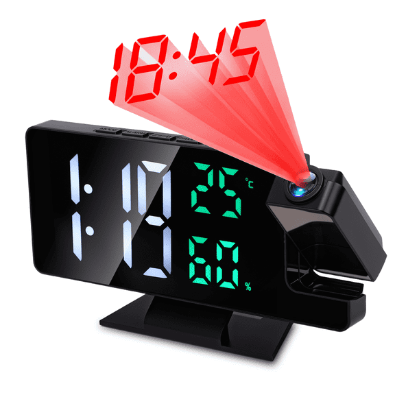 Projection Alarm Clock, LED Digital Clock with Temperature and Humidity Display, 180Β° Rotatable Projector, Snooze Function, 3-Level Brightness for Bedroom