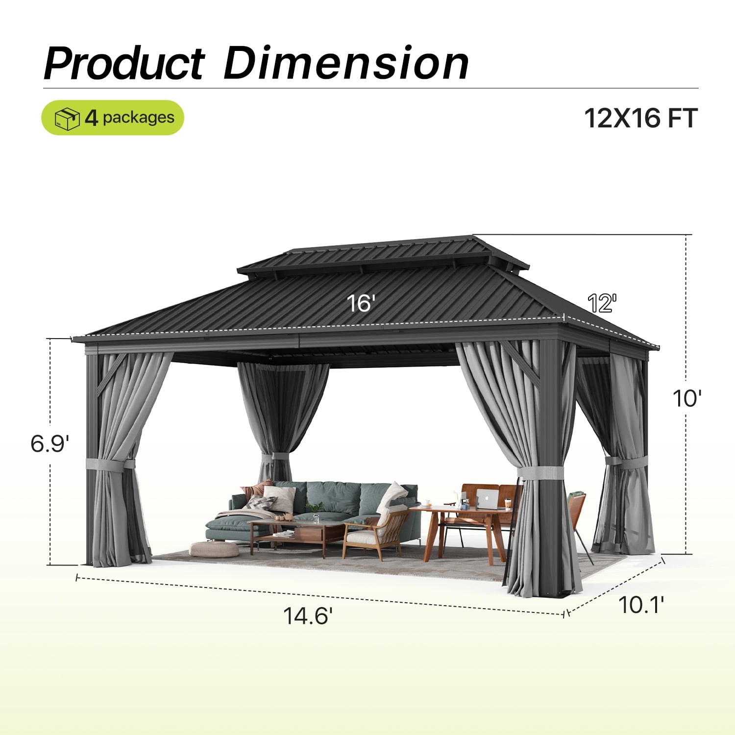 BaPiPro 12x16 FT Permanent Outdoor Gazebo – Aluminum Frame with Double Roof, Includes Curtains & Netting, Ideal for Patio, Lawn, and Garden,Gray