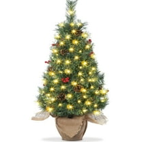 Eastvita 3FT Pre-Lit Mini Artificial Christmas Tree, 78 Warm White LEDs, Burlap Base, Pine Cones, Red Berries, Holiday Decor