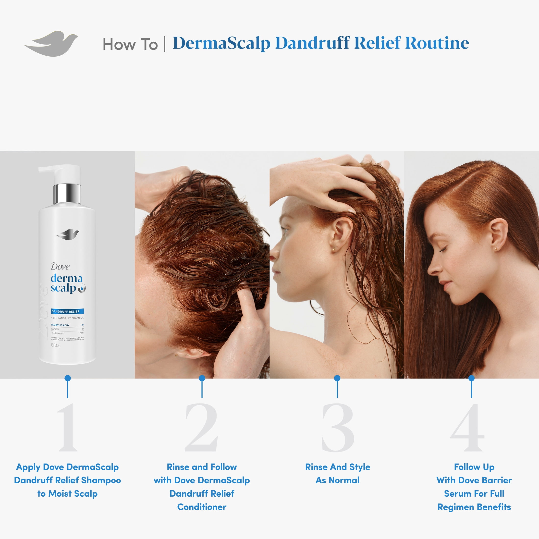 (4 pack) Dove Derma Scalp Dandruff Relief Shampoo With Salicylic Acid, Sulfates And Niacinamide For Removing Flakes & Boosting Hair Resilience ,16 fl oz 1 Count