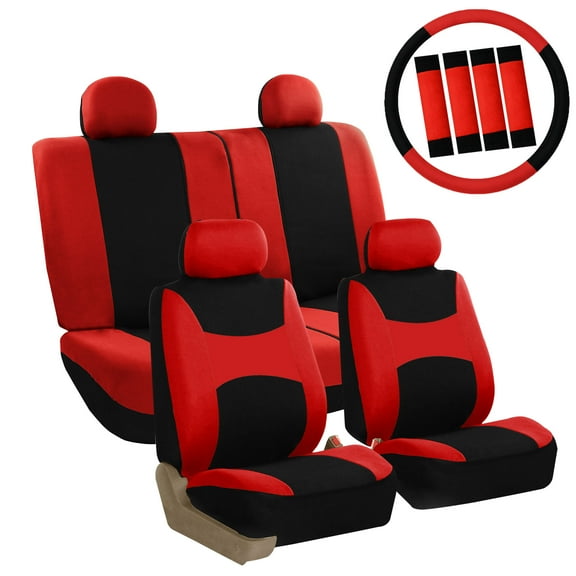 FH Group Light & Breezy Seat Covers for Auto, 4 Headrests Full Seat Covers with Steering/Belt Pad Cover, Red and Black