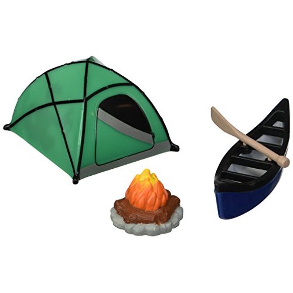 Decopac Fireside Camp DecoSet Cake Decoration Multi, Tent: 3"L x 2.6"W x 1.9"H; Canoe with Oar: 3.5"L x 1.65"W x 1.2"H; Campfire: 1.4"D x 1.2"H