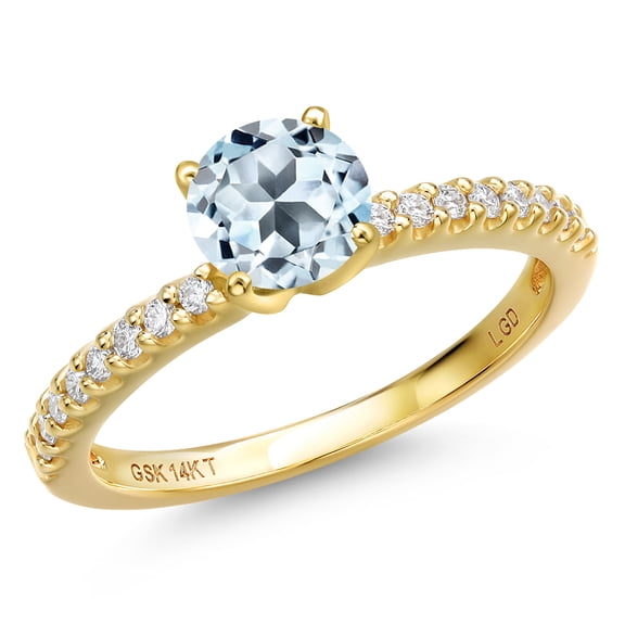 Gem Stone King 14K Yellow Gold Sky Blue Topaz and Lab Grown Diamond Engagement Ring for Women | 1.16 Cttw | Round 6MM | Gemstone November Birthstone | Size 6