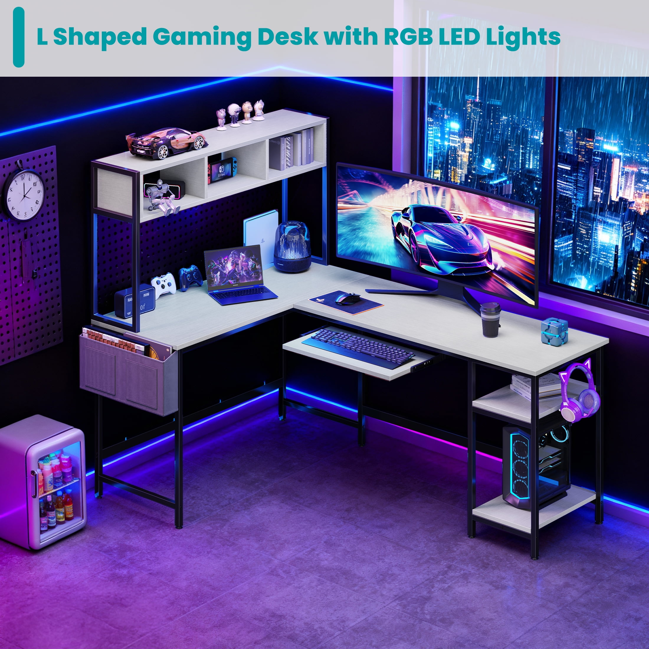 EDX 67'' L Shaped Computer Desk with LED Light, Shelf & Storage Bag & Keyboard Tray Corner Desk, White