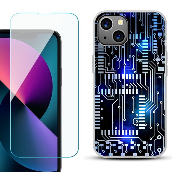 Slim-Fit Gel TPU Phone Case for iPhone 13 Mini, with Tempered Glass Screen Protector, by OneToughShield ® - Cosmos Circuit