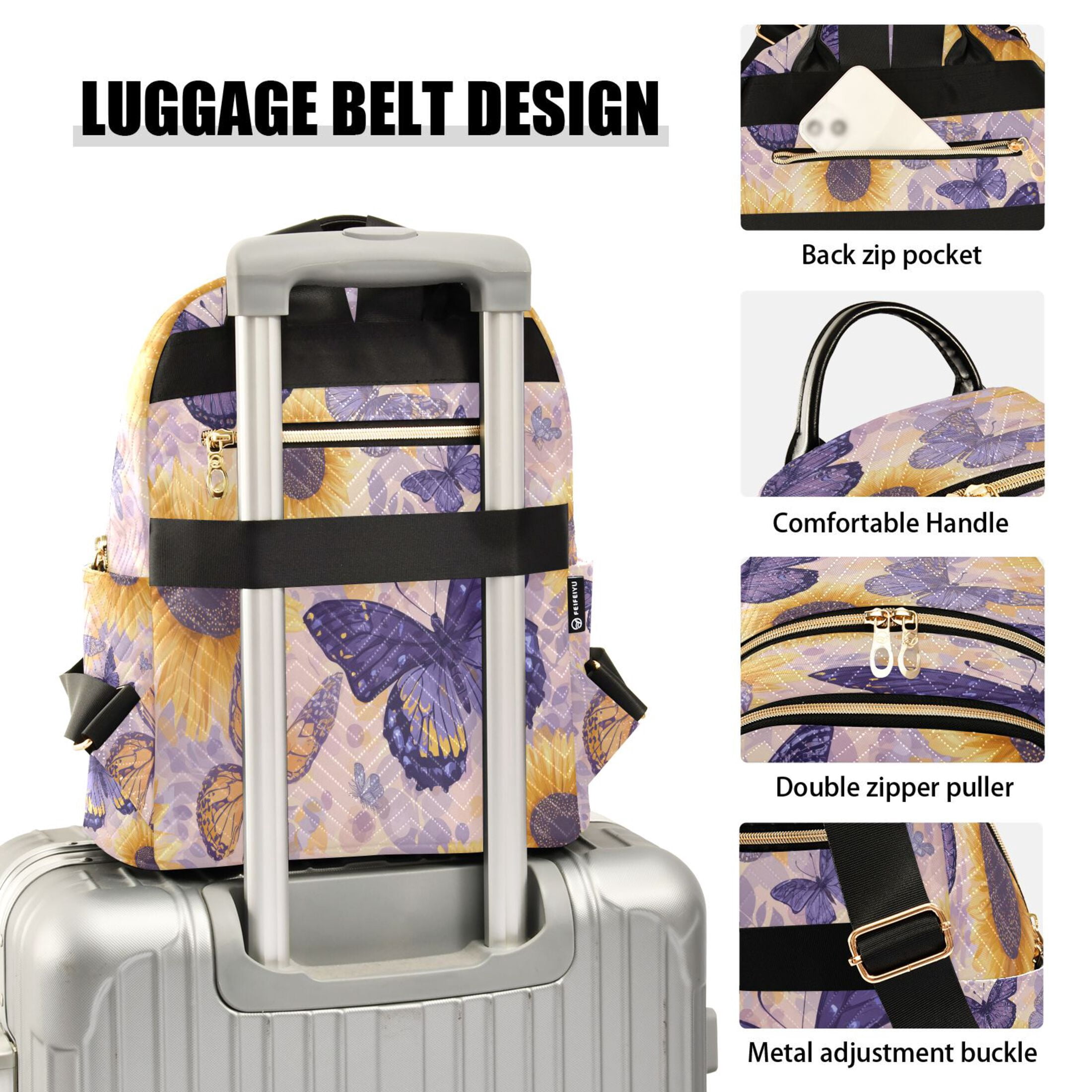 Purple Butterflies with Sunflowers Quilted Backpack Fashion Daypack Commuter Bag for Women 14 L