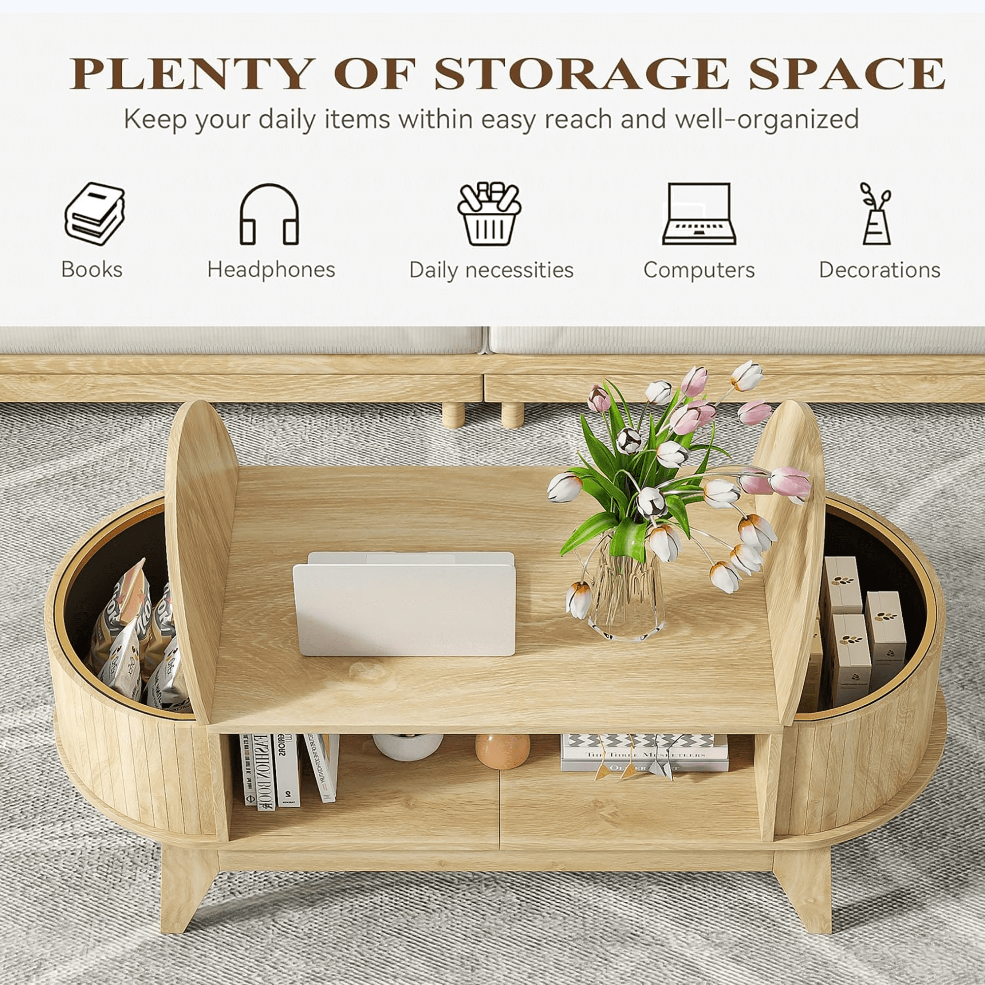 Fluted Coffee Table with Storage, Modern Coffee Tables, Wood Accent Center Table, Natural