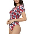 thumbnail image 2 of The Xecao Palm Tree Pattern on Red Women's Crew Neck Body Suit, a short-sleeved bodysuit and basic swimsuit, both comfort and style for dating and daily life, 2 of 9