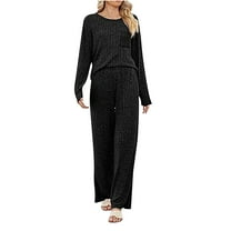 XuJwPNcy Women 2 Piece Outfits Casual Crewneck Long Sleeve Ribbed Knit Top Wide Leg Pants Matching Lounge Sets