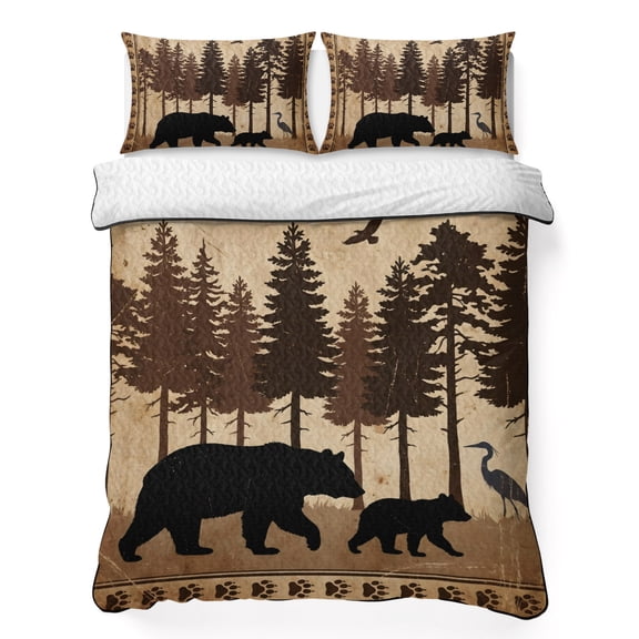 Quilts Queen Size Bedding Set, Vintage Bear Silhouettes Lightweight Quilted Comforter, Rustic Brown Wildlife Forest Soft Reversible Bedspread Coverlet with Pillow Covers for All Season, 90" x 96"