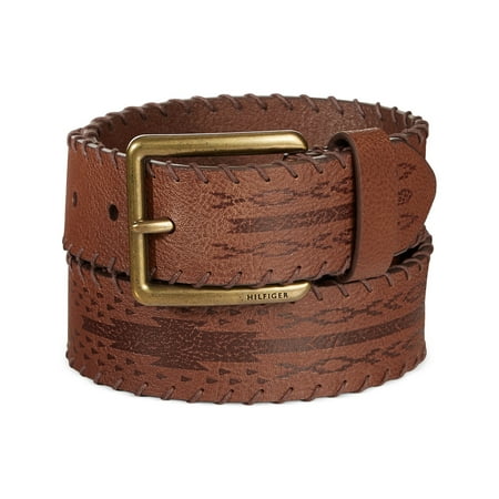 TOMMY HILFIGER Mens Laced-Edge Genuine Leather Cowboy Belt Saddle Brown 42