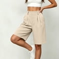 thumbnail image 5 of Shorts for Women Dressy Casual High Waisted Wide Leg Pleated Shorts with Pockets Elastic Waist Knee Length Pants Khaki S, 5 of 7