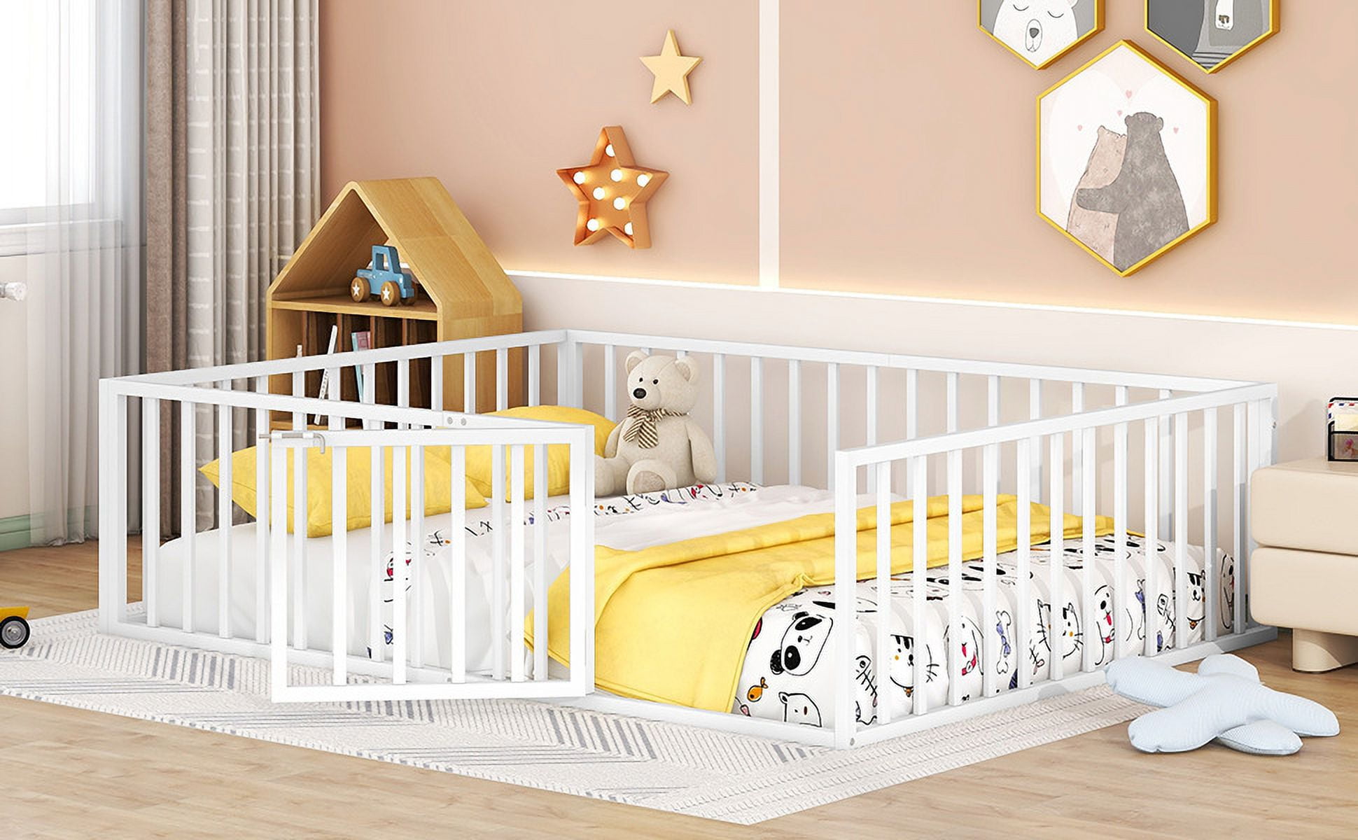 Queen  Size Floor Bed for kids,Metal Montessori Bed Frame, Fence Railings & Door,Playhouse Beds for Boys Girls, No Box Spring Needed,White