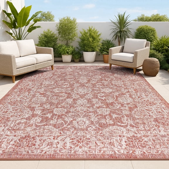 JONATHAN Y SANTA MONICA 3 x 5 Area Rug, Tela Bohemian Textured Weave Floral - Red/Taupe, SMB100A-3