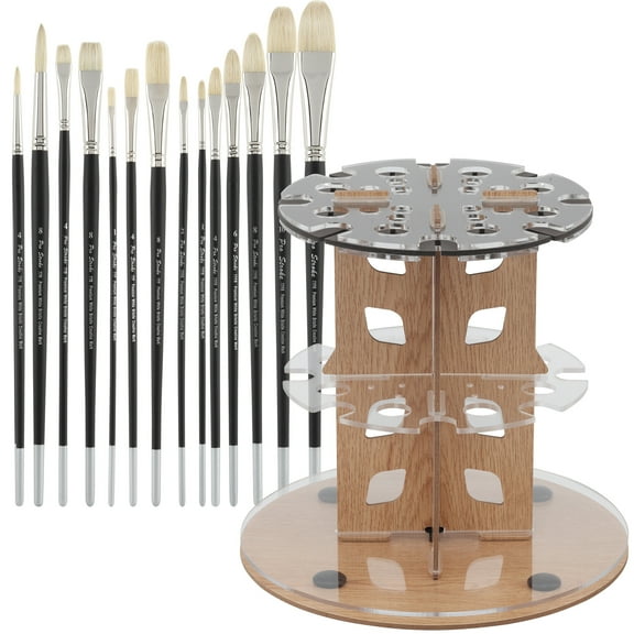 Mezzo Rotating Paint Brush Storage Rack w/ Creative Mark Pro-Stroke Value Oil Paint Brush Set- White Chungking Natural Hog Hair Paint Brushes Set of 15 w/ Brush Drying Carousel- Holds Up to 28 Brushes