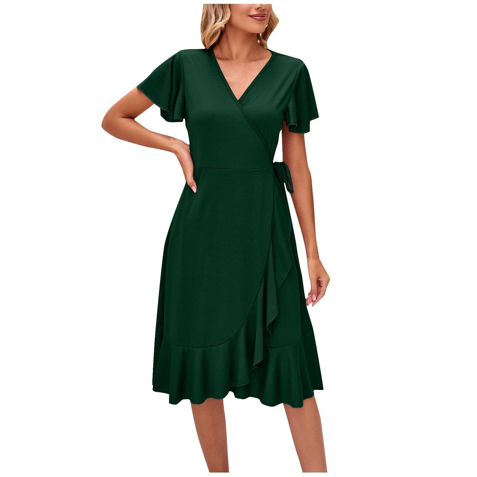 zanvin Women Summer Casual Short Sleeve V Neck Solid Pagoda Sleeve Dresses  Loose Dress,Green 