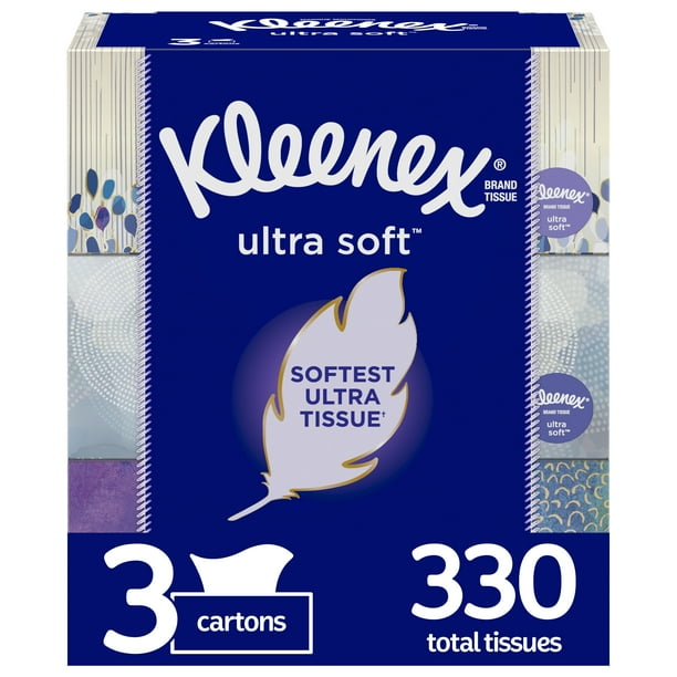 Kleenex Ultra Soft Facial Tissues, 3 Flat Boxes (330 Total Tissues