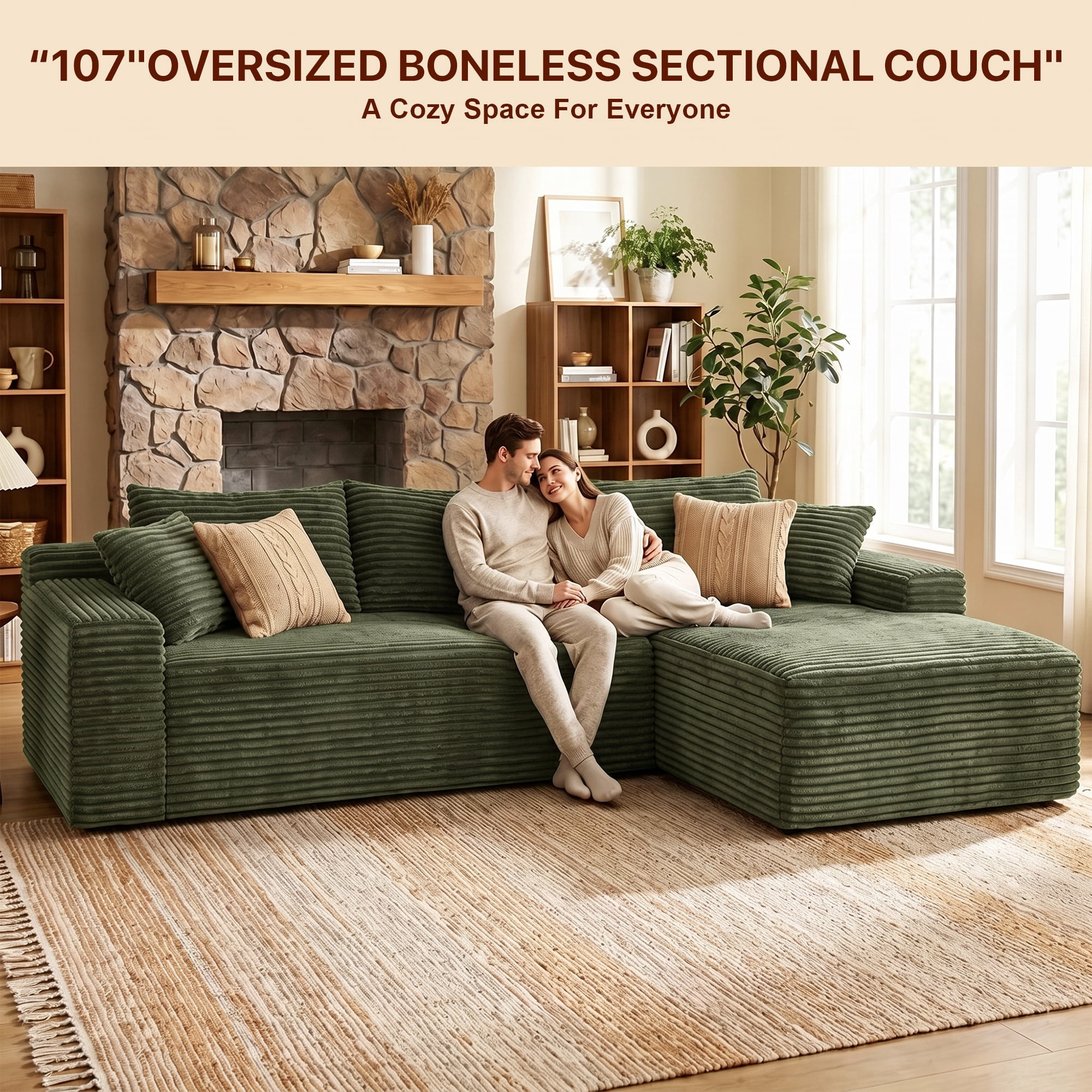 Aukfa 108" Cloud Sectional Sofa Oversized Boneless Couch Modular L-Shaped Sofa, Right Chaise Corduroy Sofa for Living Room, Green