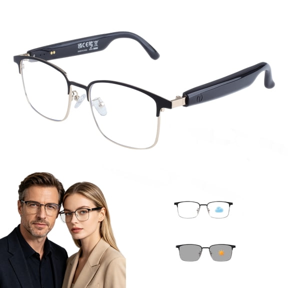 Genxenon Bluetooth Glasses with Photochromic Lenses for Men and Women,Voice Assistant,Hands-Free Calls,Gold Metal Half Frame Unisex,Suitable for Meetings and Offices