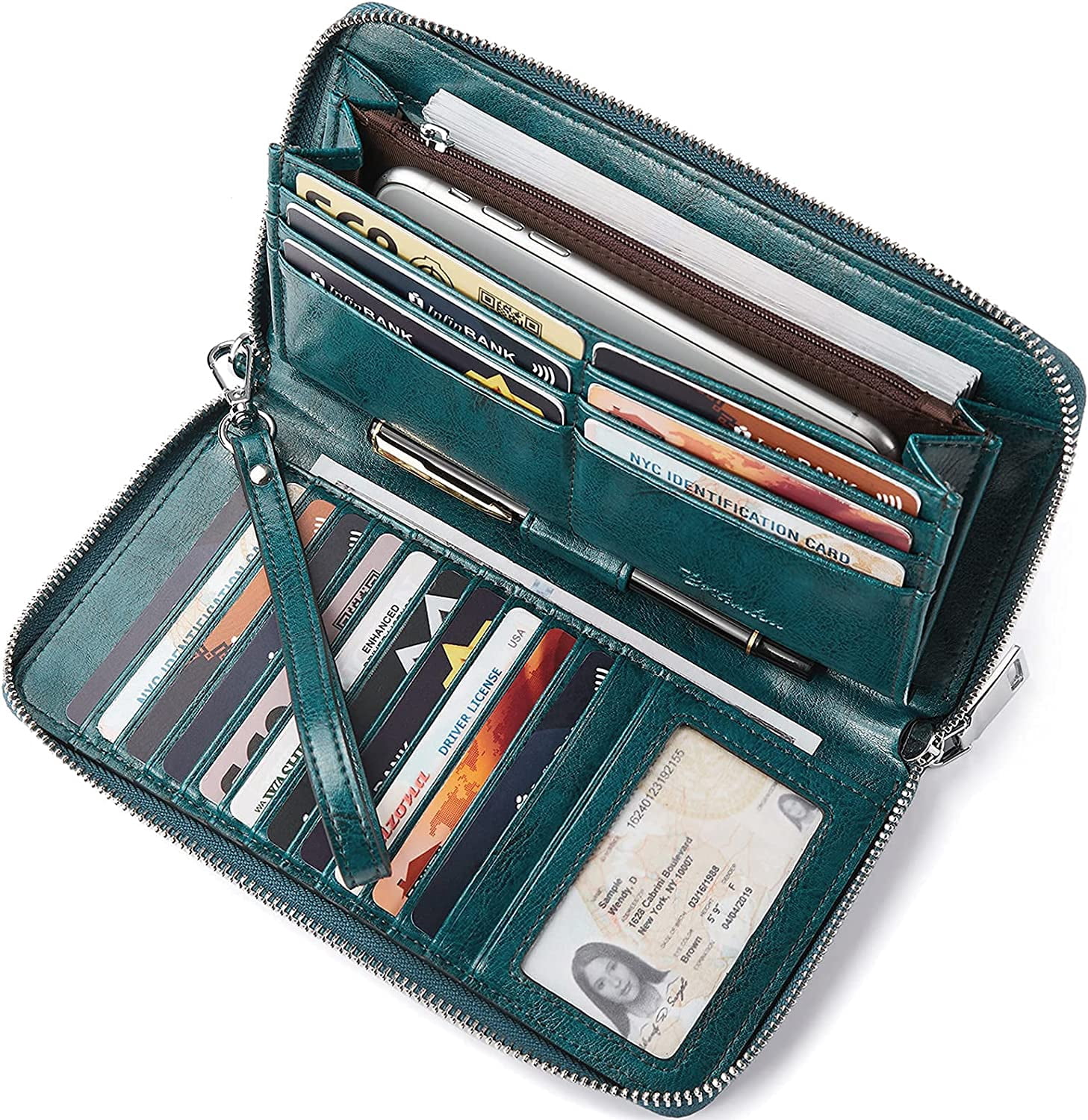Women's Large Capacity RFID Blocking Wristlet Wallet - Genuine Leather Organizer With 24 Card Slots, Black