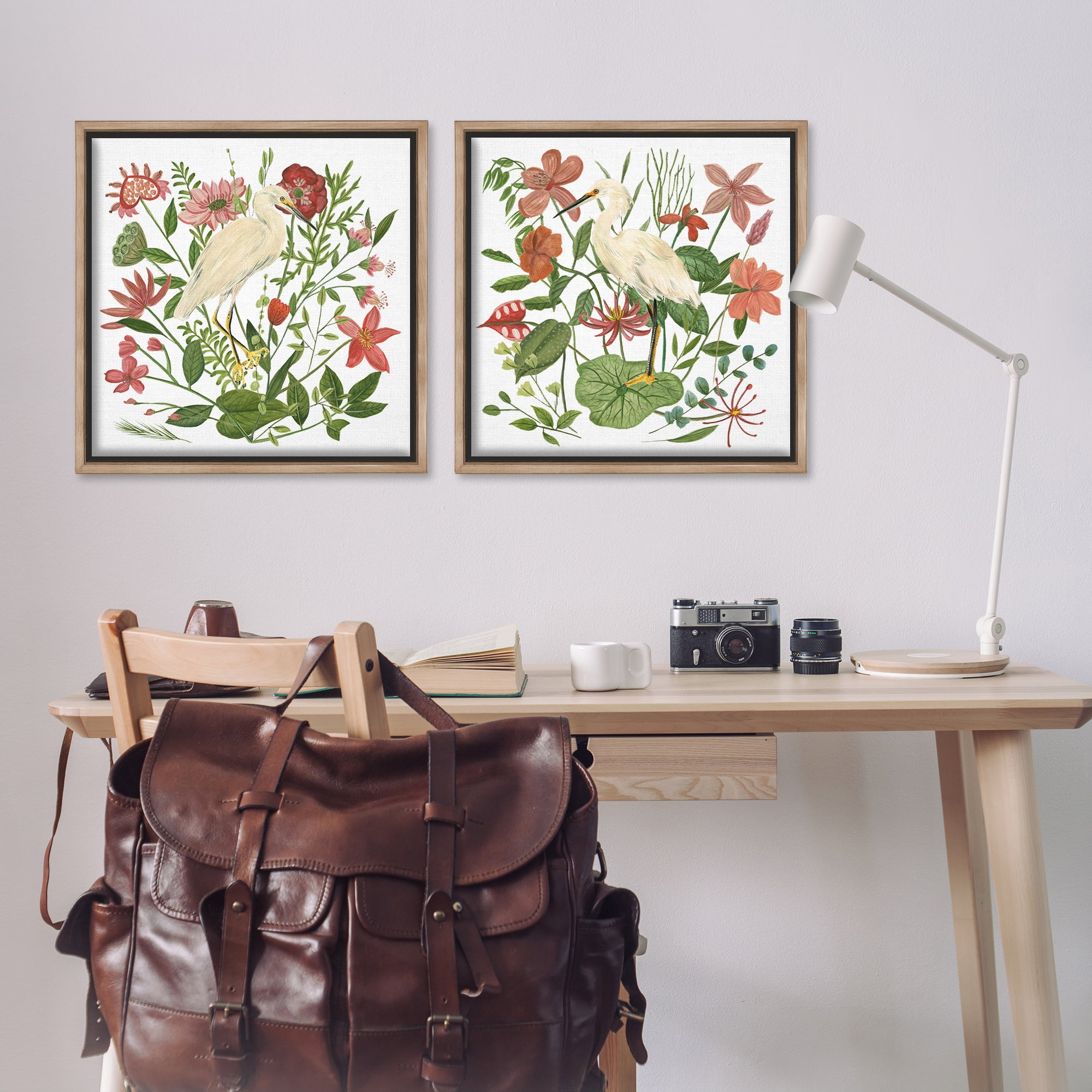 Stupell Industries Egrets Color Pop Flowers Plants & Flowers Painting Brown Floater Framed Canvas Art Print Wall Art, 25 x 25, Set of 2