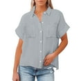 thumbnail image 4 of Linen Button Down Shirt Women! Yigetop Women's Spring Autumn Casual Double Pocket Short Sleeve Cotton Shirt Top Linen Shirts for Women Grey 2XL, 4 of 9