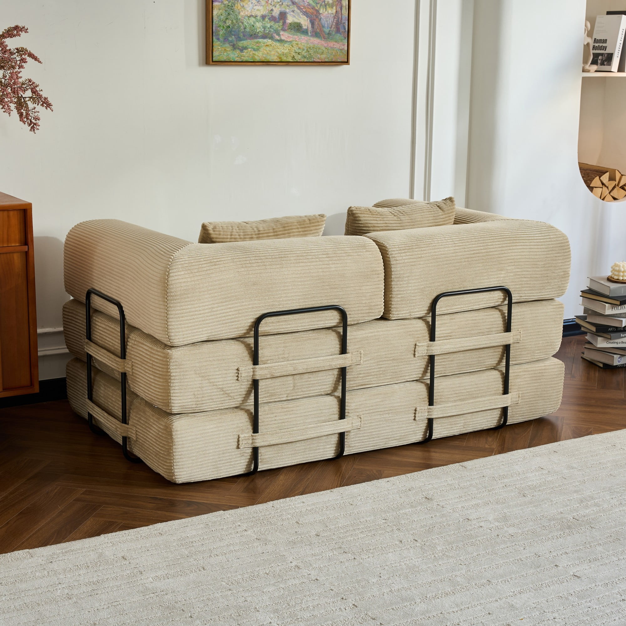 BSHTI 59" Corduroy Convertible Sleeper Sofa Bed with Cylindrical Pillow, No Assembly, Small Space for Living Room（Beige）